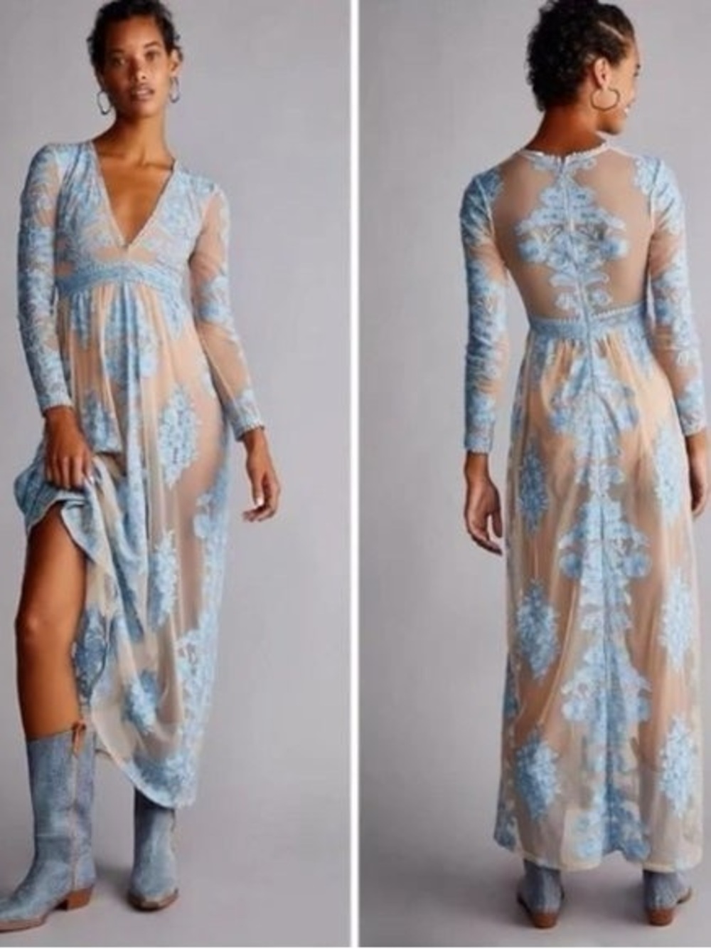 For Love & Lemons X Free People Temeculah Blue Embroidered Sheer Bodice Dress
